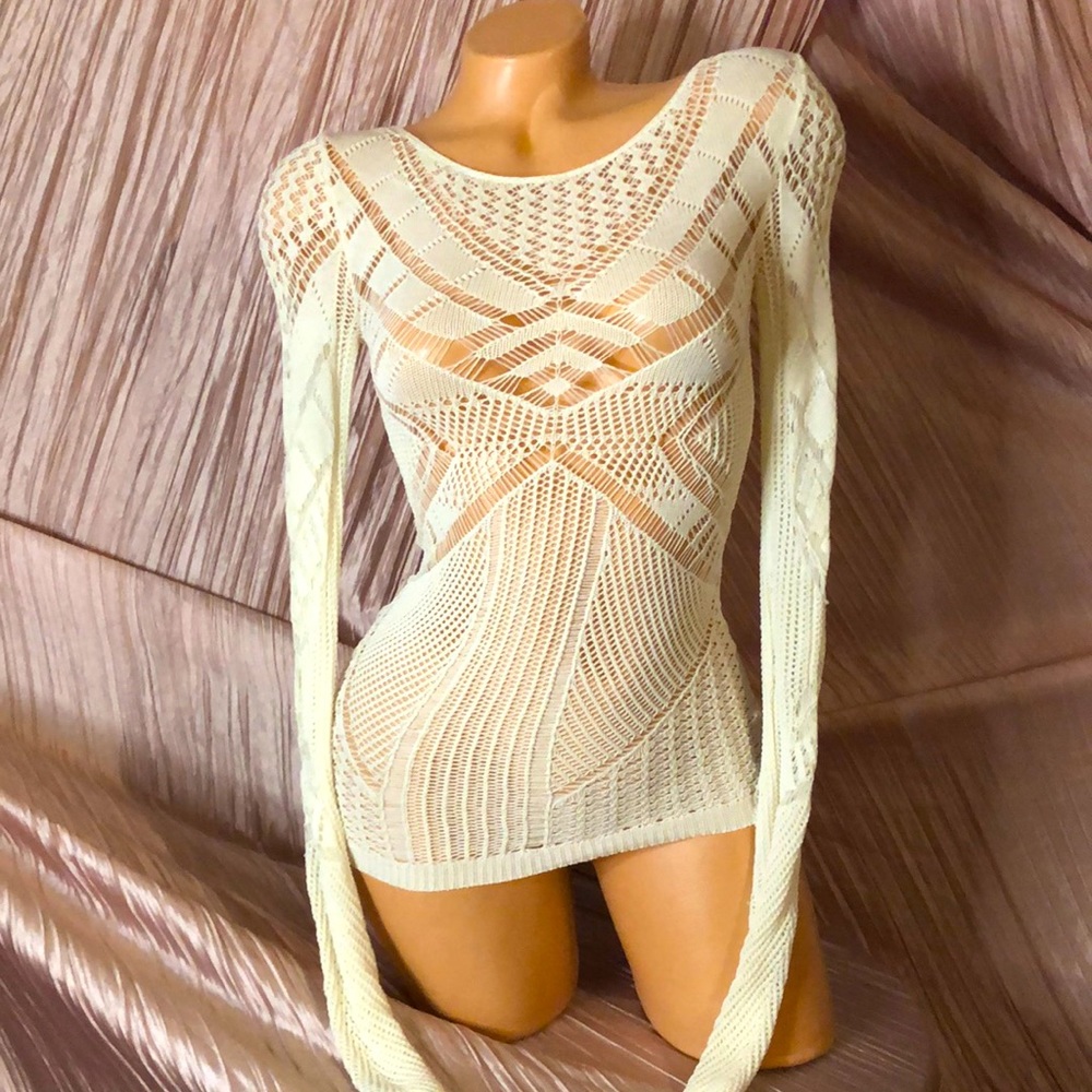 BcBG white netted netting long sleeve shirt top pink rocker sexy blouse